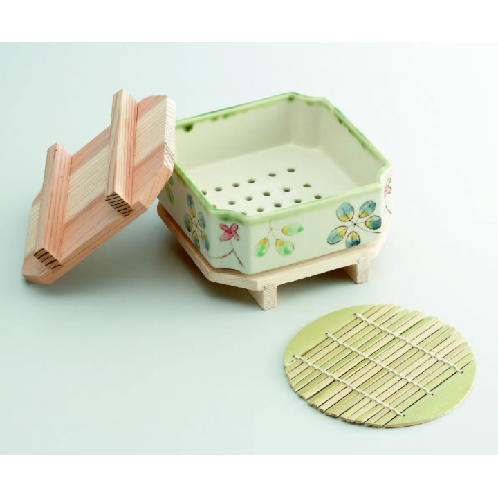 織部色どり花蒸器 3点セットB（蒸器、木製蓋、角スノコ）